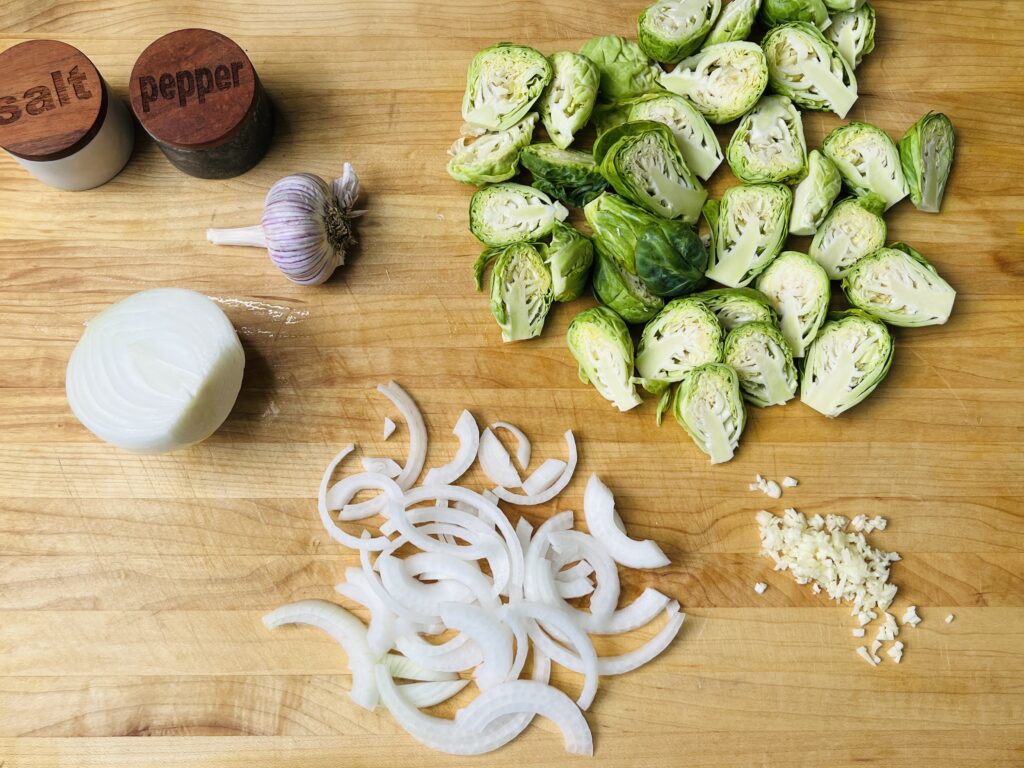 brussels sprouts, sliced onion, minced garlic