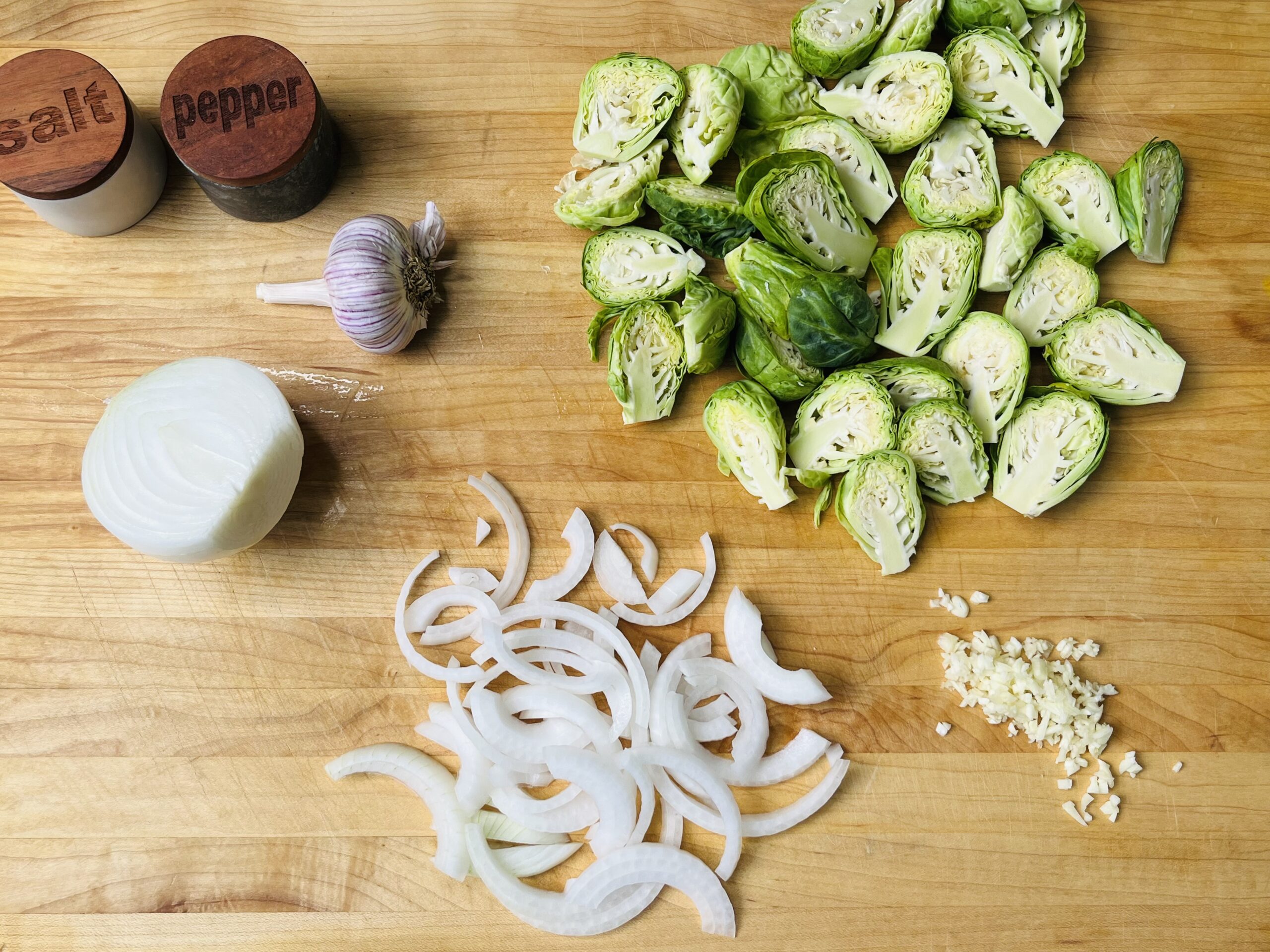 brussels sprouts, sliced onion, minced garlic