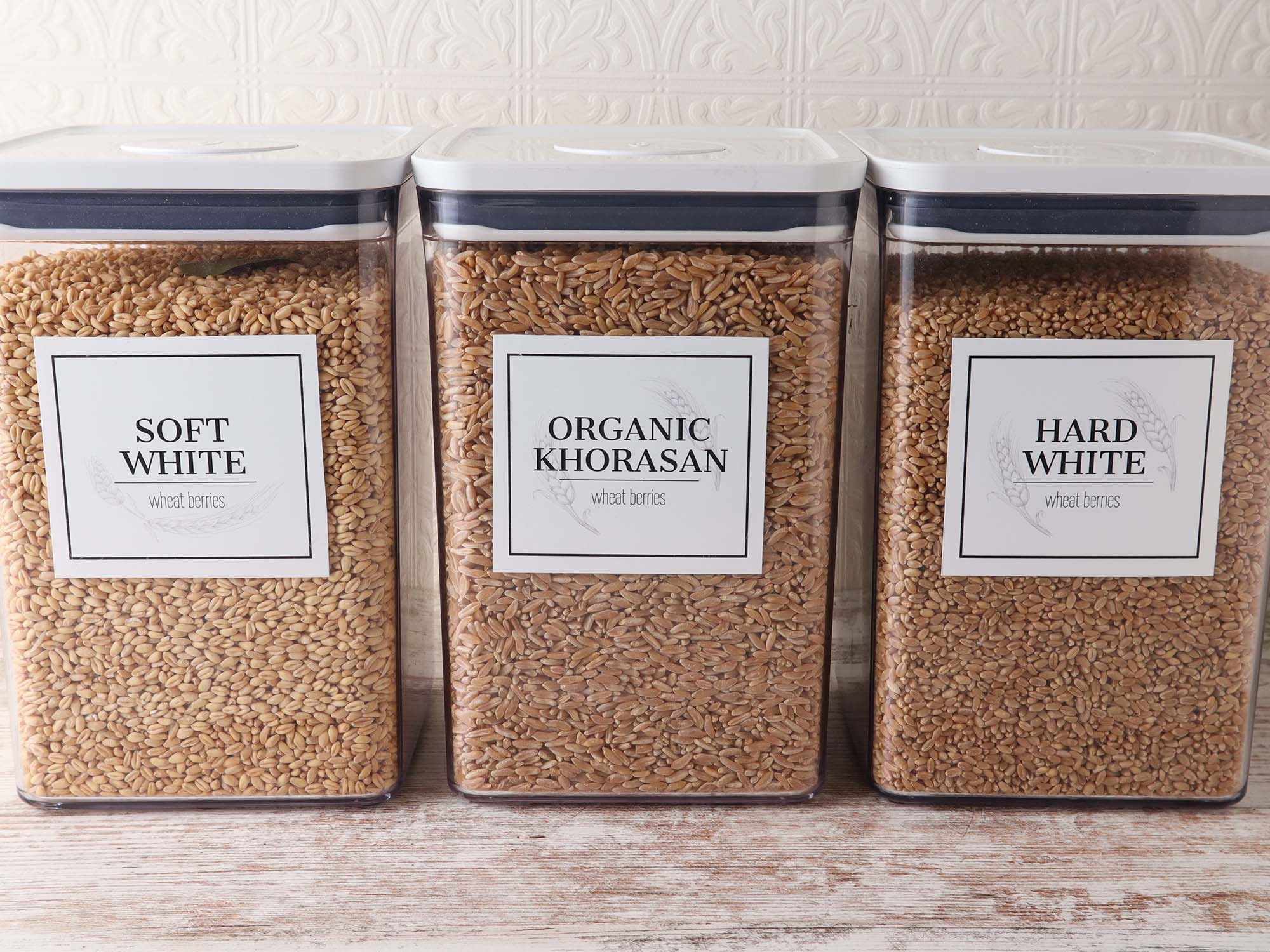 Three grain storage containers with medium-sized, type-your-own-text pantry labels for soft white wheat, organic khorasan, and hard white wheat berries.