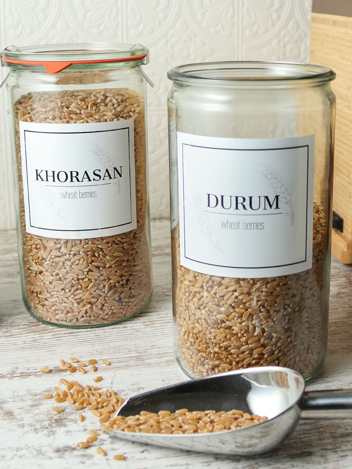 Custom printable wheat berry labels on glass jars of khorasan and durum wheat berries, with a grain scoop and wheat berries on the counter.